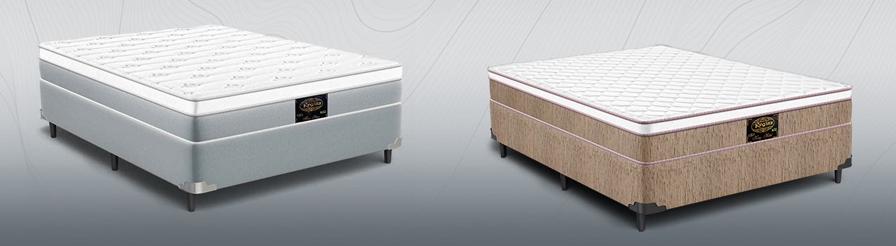 Montagem com duas opções de cama box queen da King Star. à direita, um modelo bege e, à esquerda, um cinza.